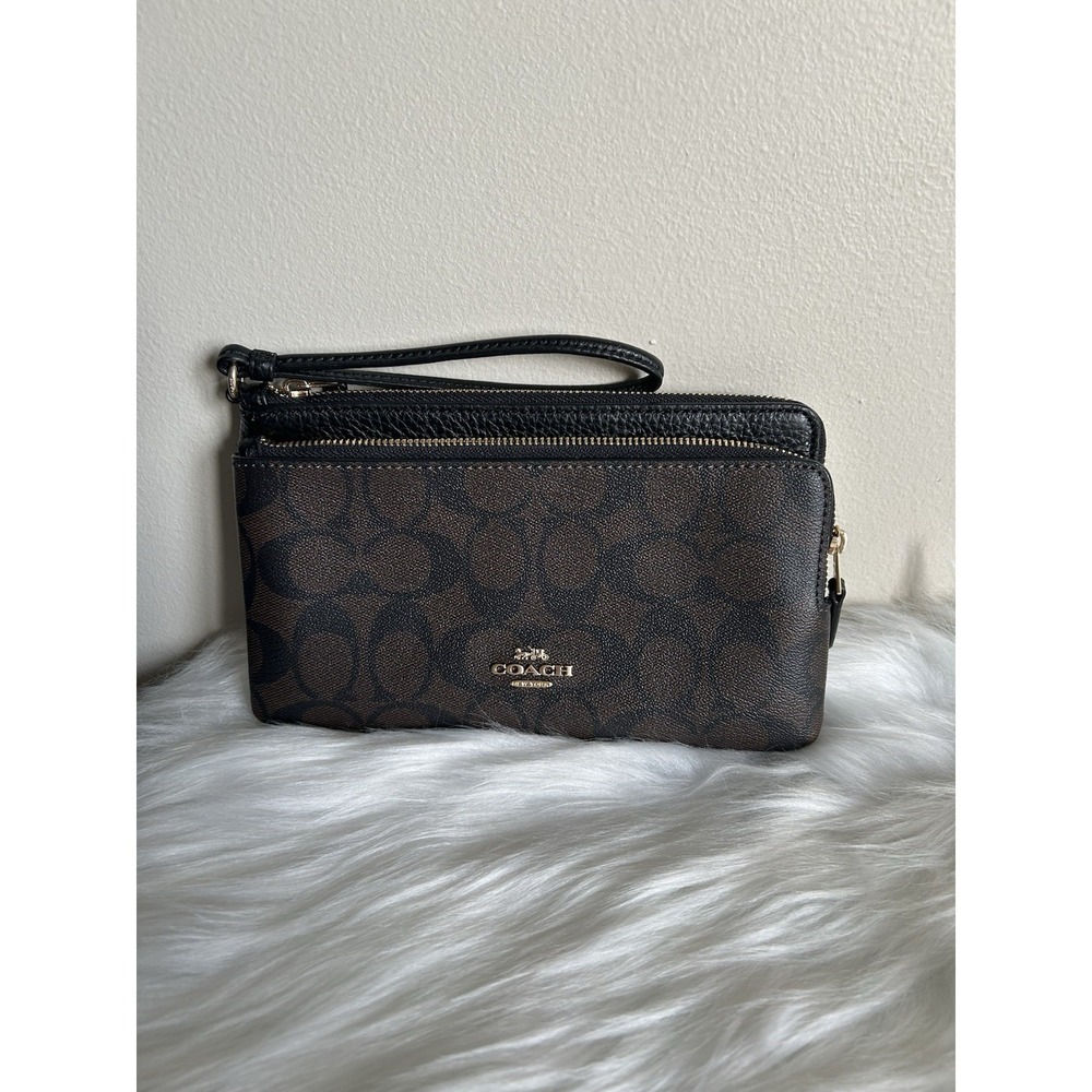 Coach Signature Double Zip‎ Wallet Brown Black Canvas Leather New